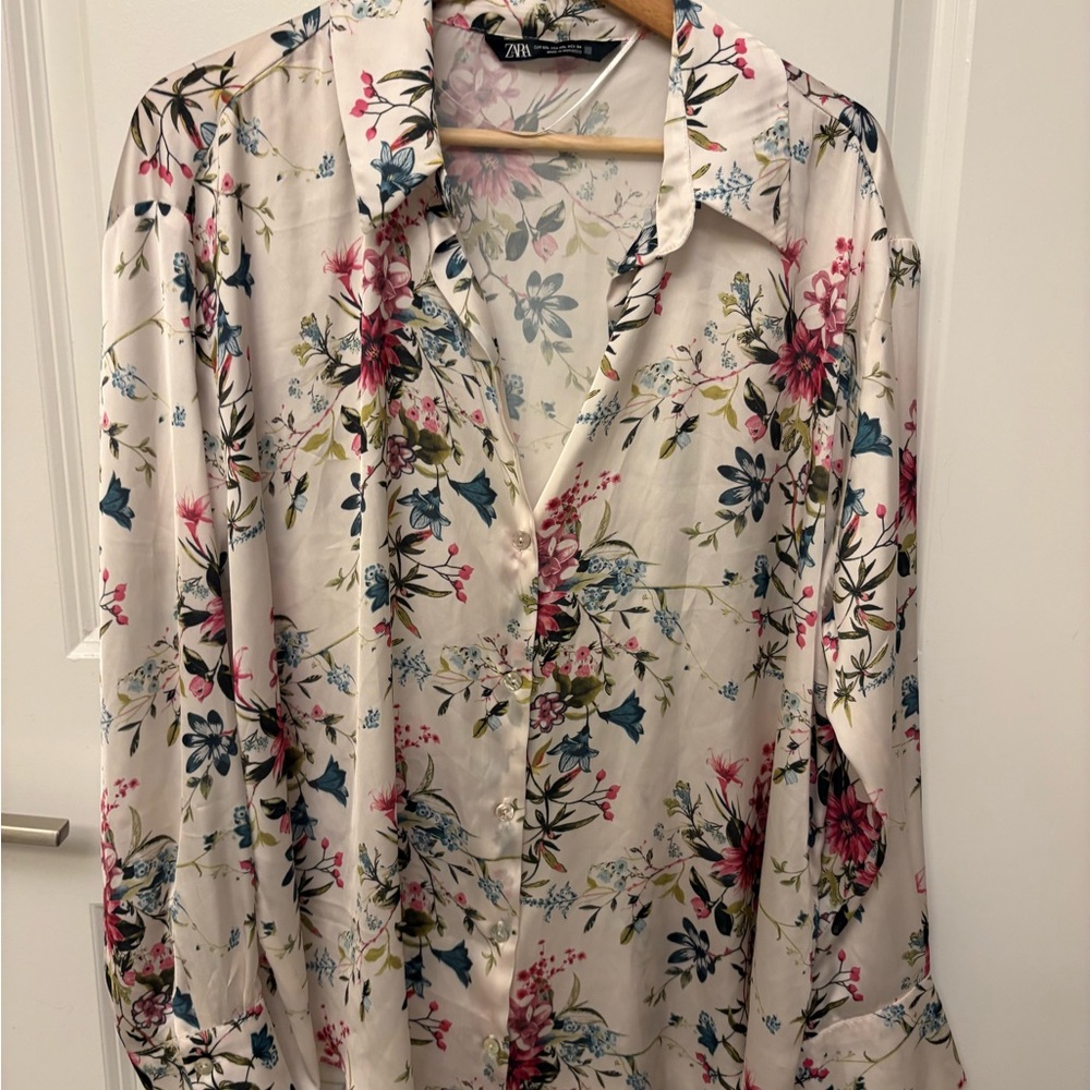 Zara Multicolor Floral Satin Finish Button Down Shirt Size XXL